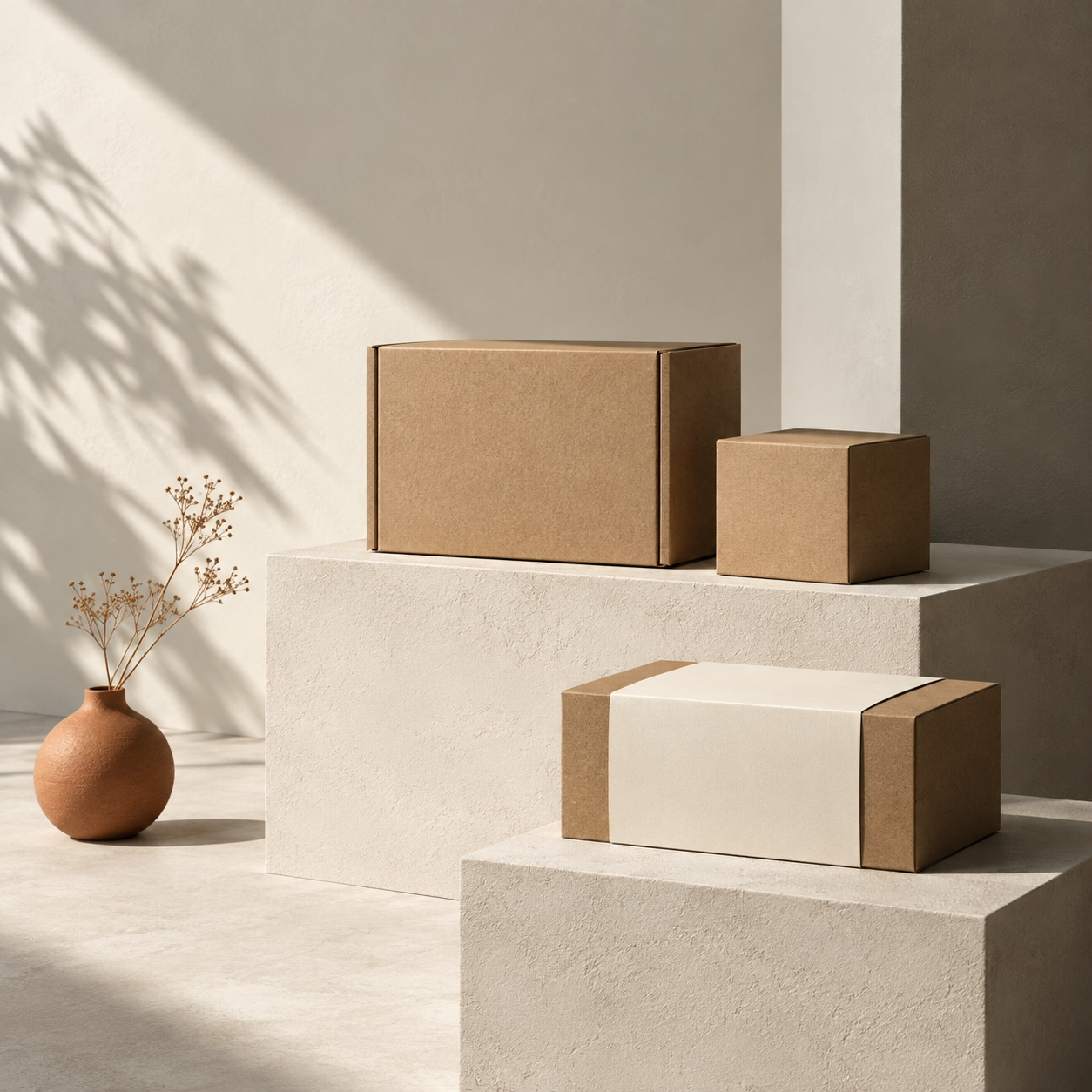 Minimal still life of unbranded parcels in natural light